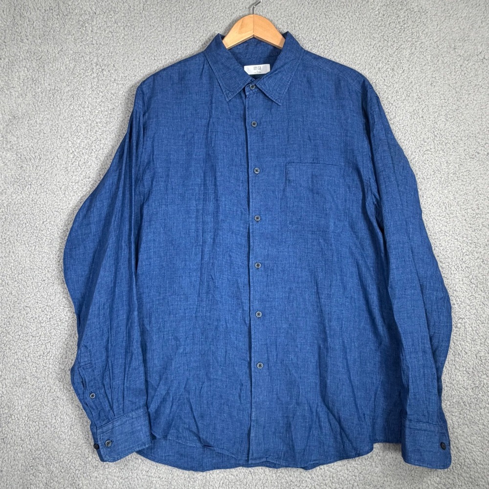 Uniqlo Button Down Men XL Blue 100% Linen Long Sleeve Casual Shirt